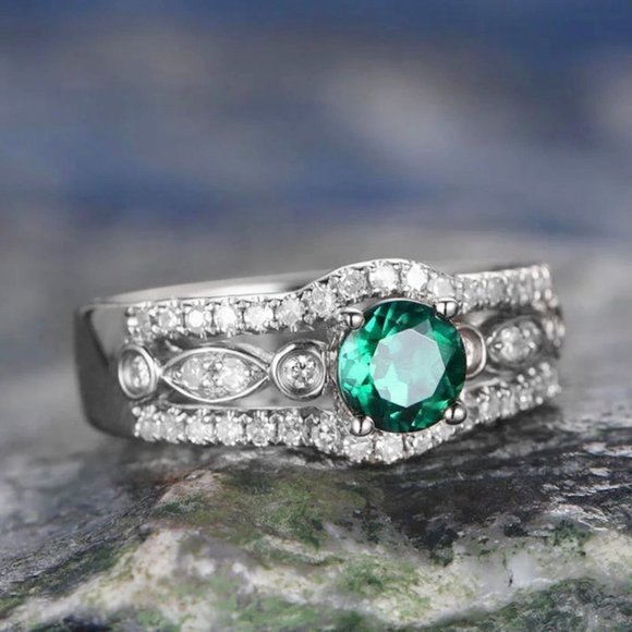 🎀 Three Layer Stack Green Gems Zircon Silver Rings for Women, EVGG1283 - Picture 1 of 6